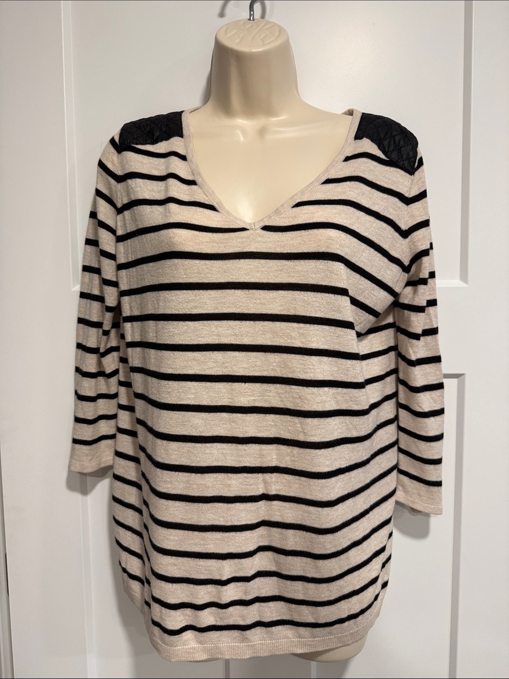 H&M Striped V Neck Top Black Cream Quilted Faux Leather Shoulders Size S